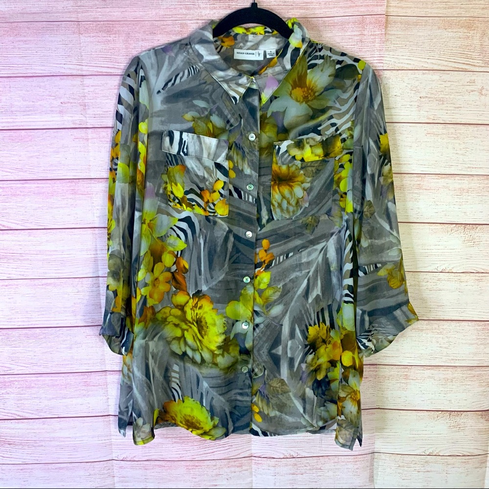 Susan Graver Button Front Floral Print Blouse Size Small